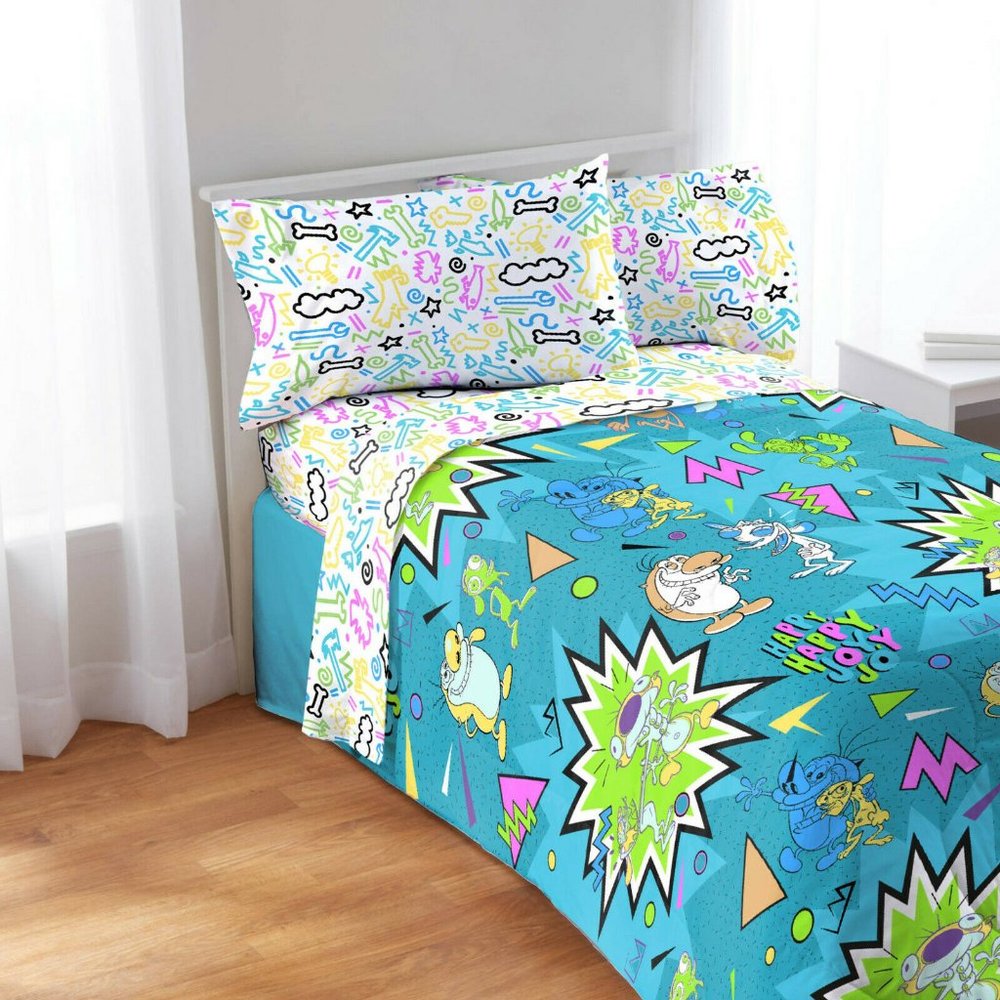 3 piece Nickelodeon Rugrats Ren Stimpy Catdog Kid’s Cartoon Twin Size Sheet Set